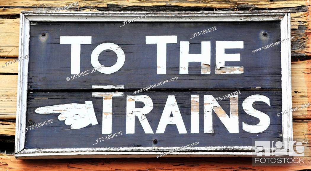 Stock Photo: 'To The Trains' sign at Bewdley's Severn Valley Railway Station, Worcestershire, England, Europe.