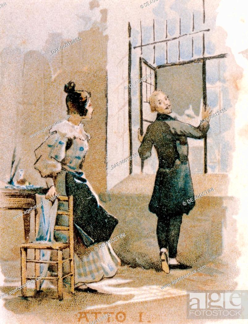 Stock Photo: Postcard by Adolfo Hohenstein (1854-1928) created on the occasion of the premiere of the opera La Boheme, by Giacomo Puccini (1858-1924).
