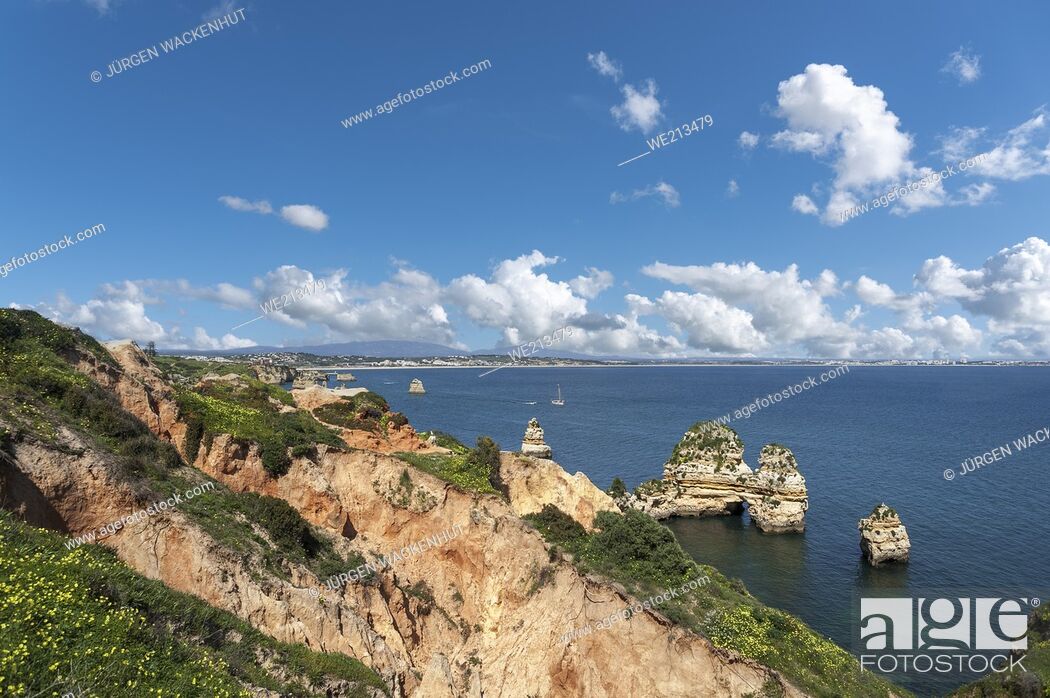 Stock Photo: Rocky coast at Ponta da Piedade, Lagos, Algarve, Portugal, Europe.