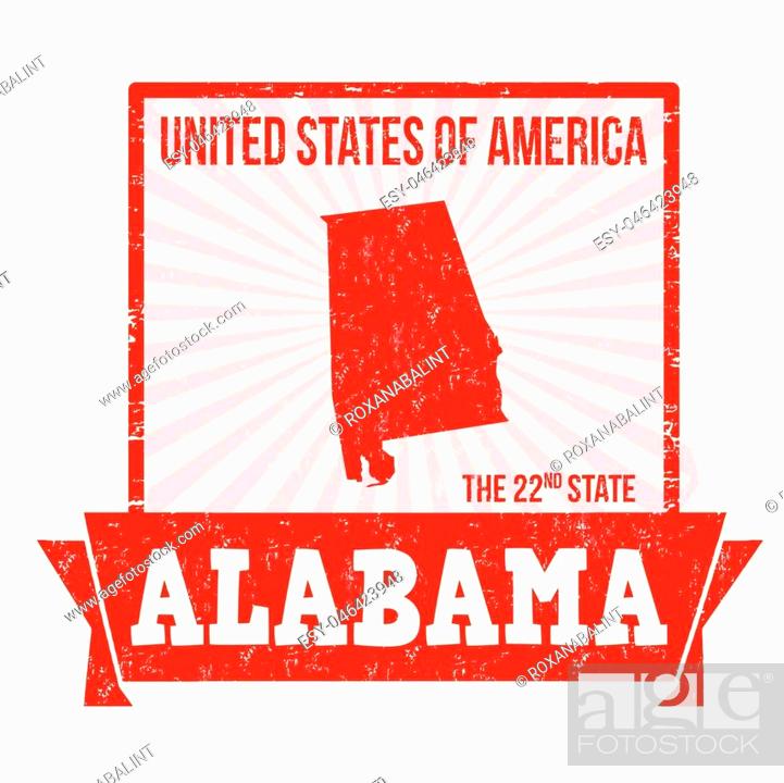Stock Vector: Grunge rubber stamp with the name and map of Alabama, vector illustration.