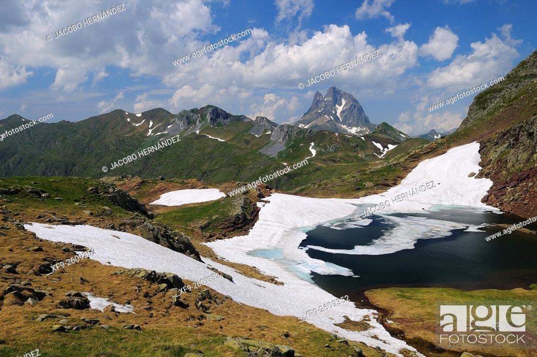 Stock Photo: Midi d'Ossau peak from Anayet lake.Pirineos mountains.Huesca province.Aragon.Spain.