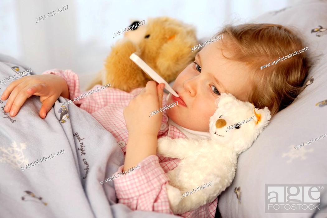 Stock Photo: girl, sick, bed, lie, fever-fairs, portrait, lateral,.