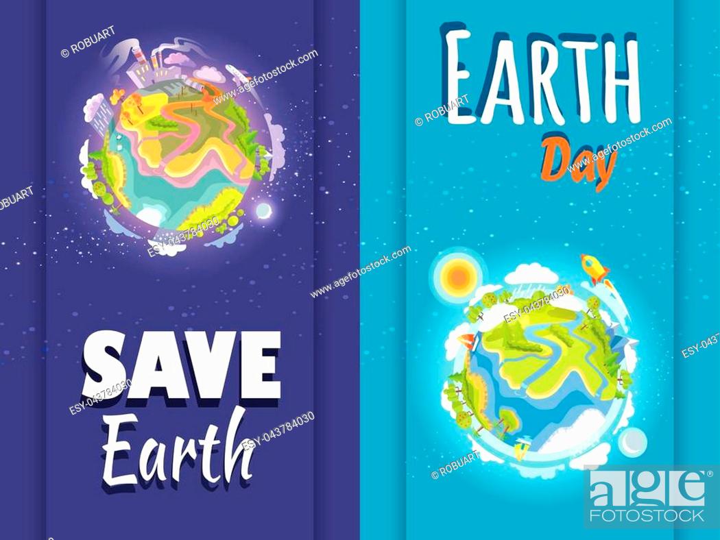 Save Earth day agitation posters with cartoon planet and 3d trees,  buildings, air and water crafts, Stock Vector, Vector And Low Budget  Royalty Free Image. Pic. ESY-043784030 | agefotostock