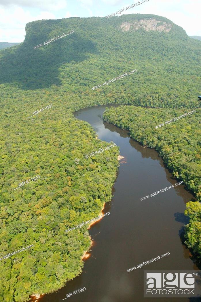 Stock Photo: Aerial view of rainforest and tributary to Kaieteur Waterfalls, Guyana, South America.