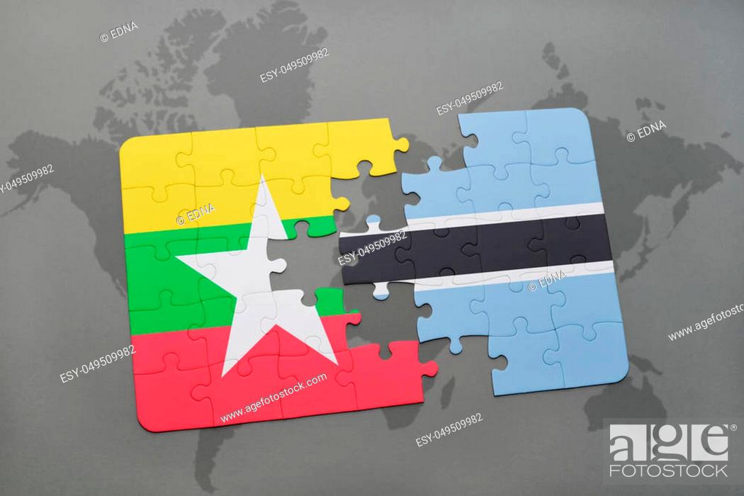 Stock Photo: puzzle with the national flag of myanmar and botswana on a world map background. 3D illustration.