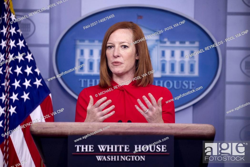 Stock Photo: White House Press Secretary Jen Psaki speaks during a news conference in the James Brady Press Briefing Room of the White House in Washington, DC, USA.