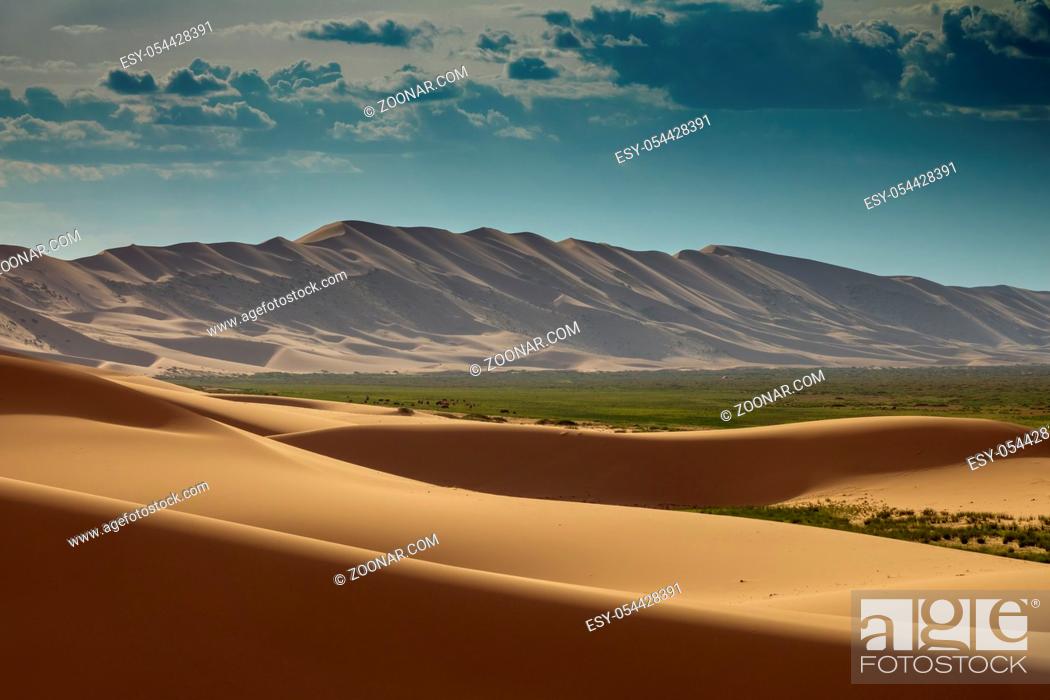 Stock Photo: Landscape of the sand dunes Hongoryn Els in Gobi Desert at sunset, Mongolia.