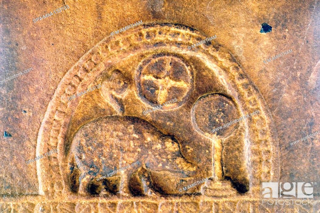 Stock Photo: The Boar Varaha ; the royal emblem of the Chalukyas Bas Relief in a pillar in Ladkhan temple built in 7th century ; Aihole ; Karnataka ; India.