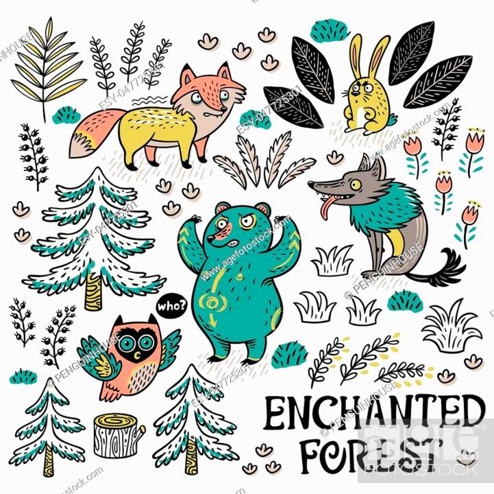 Enchanted forest. Colorful hand-drawn illustration with crazy animals,  Stock Vector, Vector And Low Budget Royalty Free Image. Pic. ESY-047725301  | agefotostock