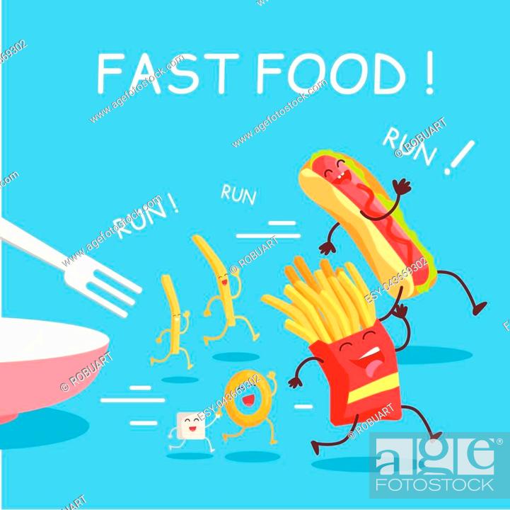 Fast food cartoon characters banner. Happy fast food cartoon characters  running away from fork, Stock Vector, Vector And Low Budget Royalty Free  Image. Pic. ESY-043669302 | agefotostock