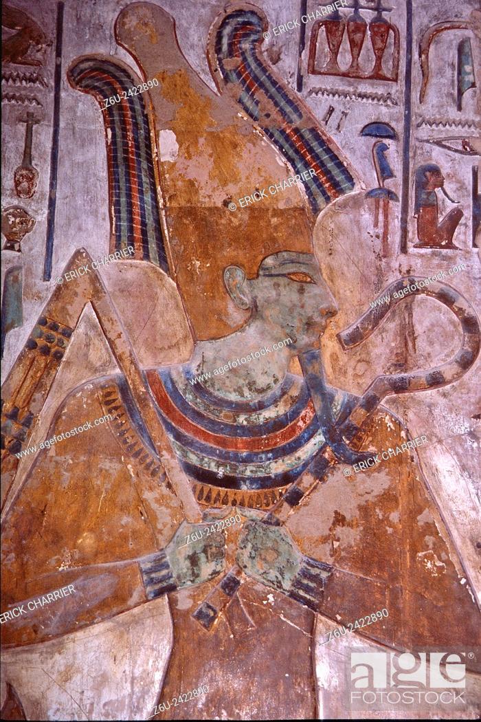 Imagen: Thèbes, West Bank, Kings Valley, Seti I tomb (KV17). Side room, pillar, Osiris between imyut-emblems.