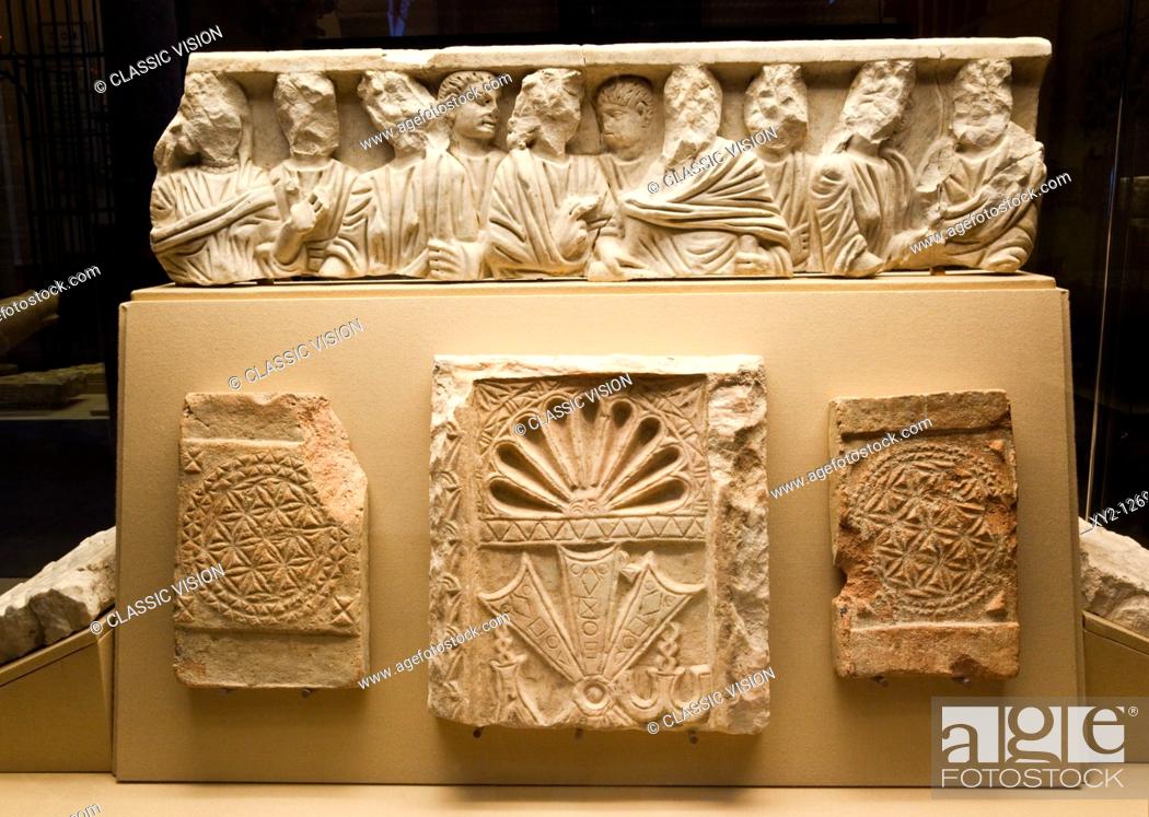Stock Photo: Along top: Fragment of a sarcophagus from Visigothic basilica  Bottom left and right: Sixth century decorated Visigothic bricks  Bottom centre: Sixth century.