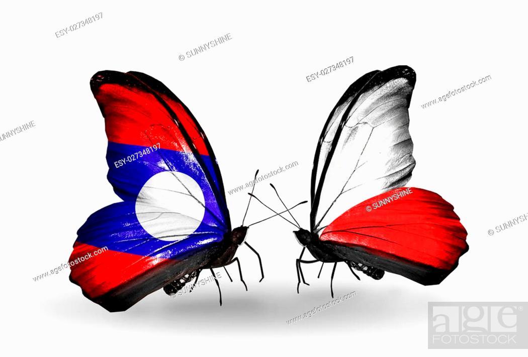 Stock Photo: Two butterflies with flags on wings as symbol of relations Laos and Poland.