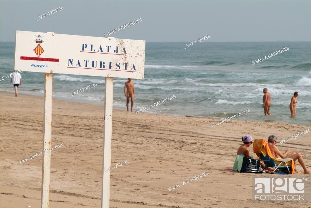 Stock Photo: Nudist beach sign, Cullera, Valencia, comunidad Valenciana, Spain, Europe.