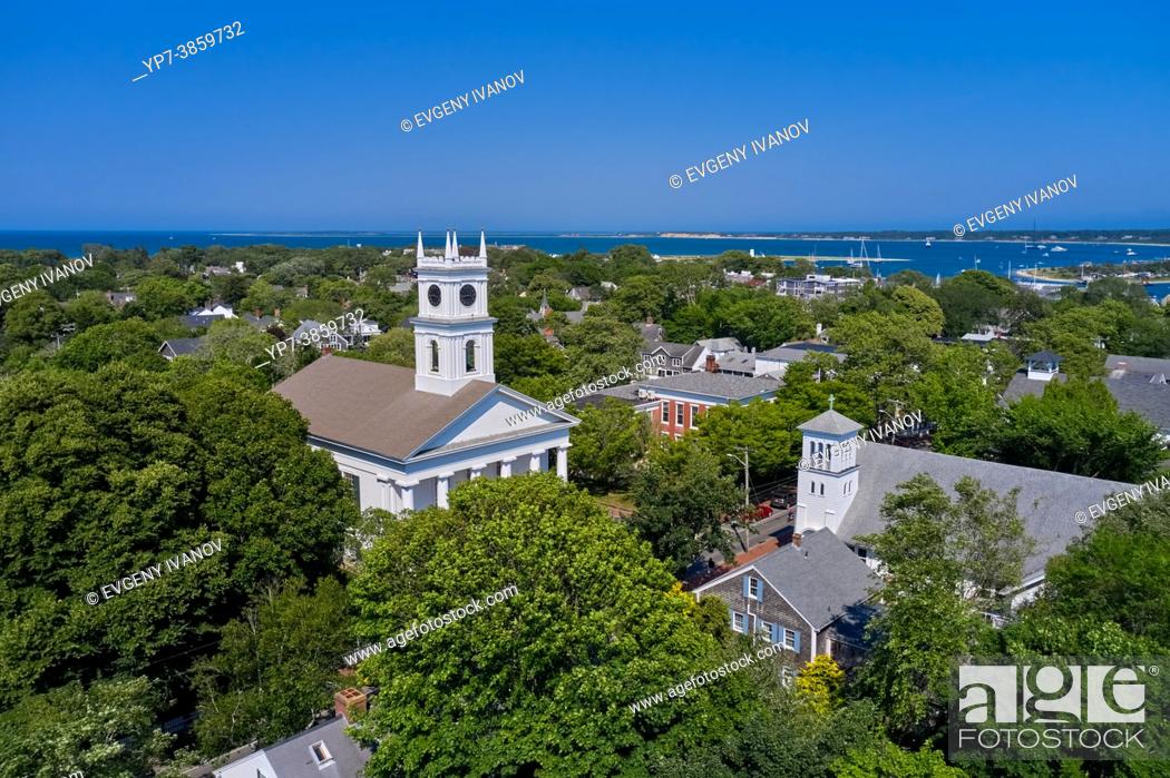 Stock Photo: Aerial Of Old Whaling Church, Edgartown Liturgical Arts Center, Martha's Vineyard.