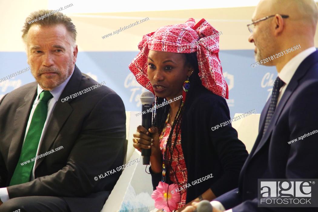 Stock Photo: A dialogue by Michal Kurtyka COP President (right) with Arnold Schwarzenegger Governor (left) and Ms. Hindou Oumarou Ibrahim member of the Climate Action.
