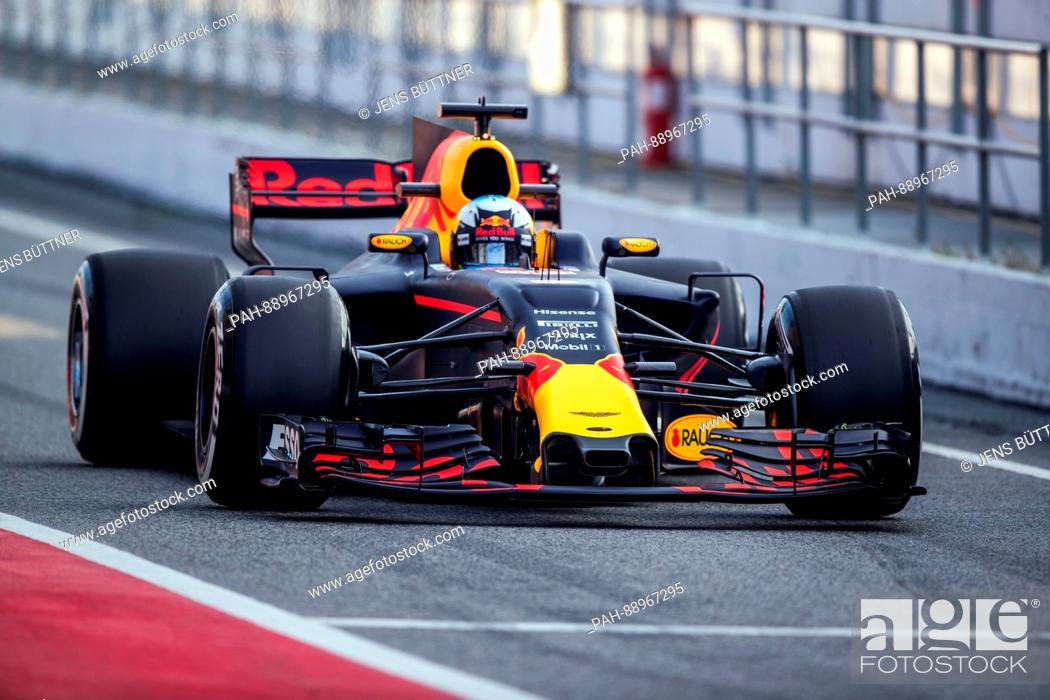 Stock Photo: The new RB13 vehicle used by the Red Bull team at the Circuit de Catalunya race treak near Barcelona, Spain, 28 February 2017.