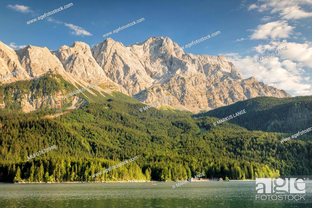 Stock Photo: View over the Eibsee to the Wetterstein Mountains with Zugspitze, near Grainau, Werdenfelser Land, Bavaria, Germany.