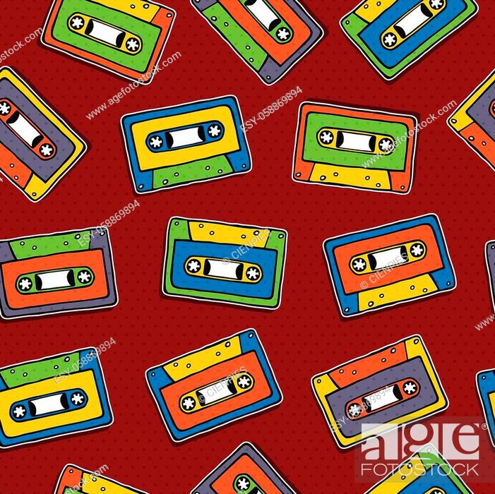 Hand drawn cassette seamless pattern, retro 90s style cartoon background  for music technology or..., Stock Vector, Vector And Low Budget Royalty  Free Image. Pic. ESY-058869894 | agefotostock