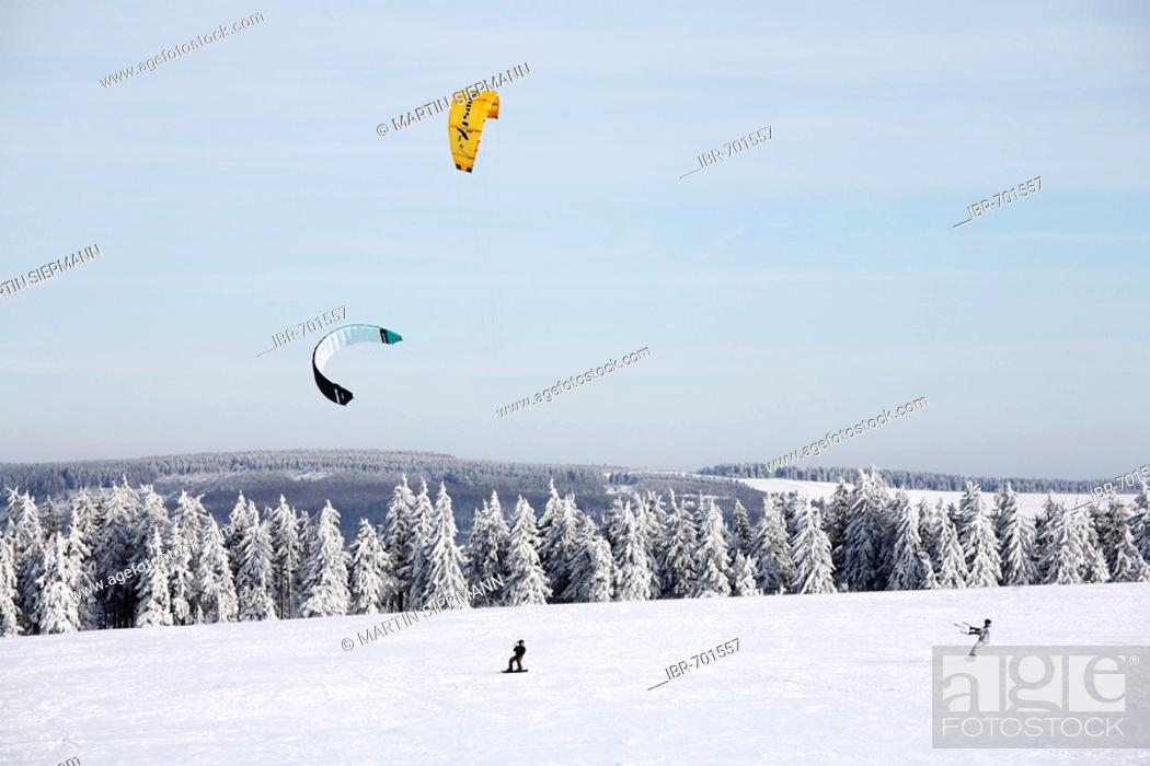 Stock Photo: Snowkiting, kiteskiing, Mt. Wasserkruppe, Rhoen Mountains, Hesse, Germany, Europe.