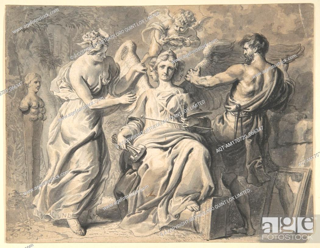 Stock Photo: An Allegory of the Arts with Isis and Geometry Attending the Three-headed Figure of Painting and Sculpture, a Putto Crowning her with Laurels, 17th century.