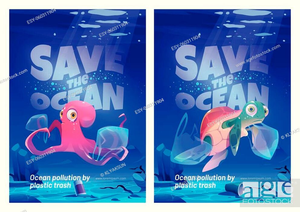 Save ocean cartoon posters with underwater animals and trash in sea, Stock  Vector, Vector And Low Budget Royalty Free Image. Pic. ESY-060311904 |  agefotostock
