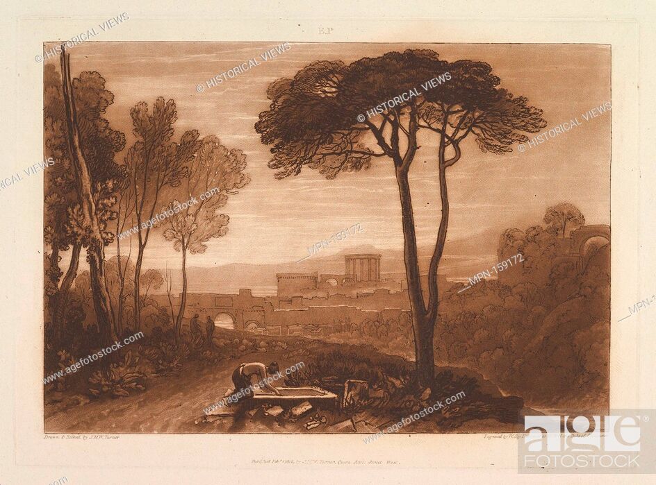 Stock Photo: Scene in the Campagna (Liber Studiorum, part VIII, plate 38). Artist: Designed and etched by Joseph Mallord William Turner (British.