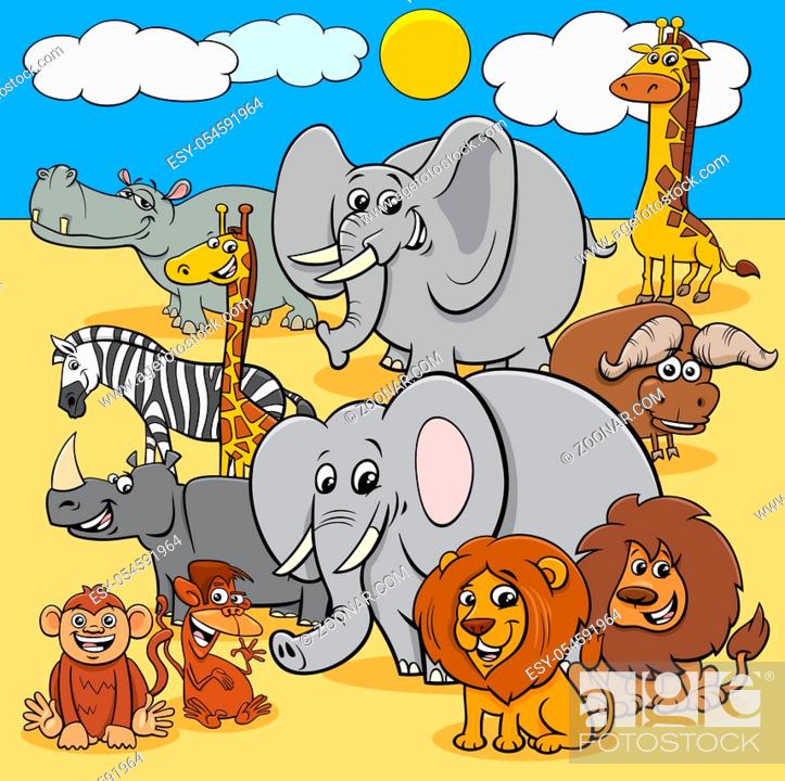 Stock Photo: Cartoon Illustrations of Happy African Mammals Animal Characters Group.
