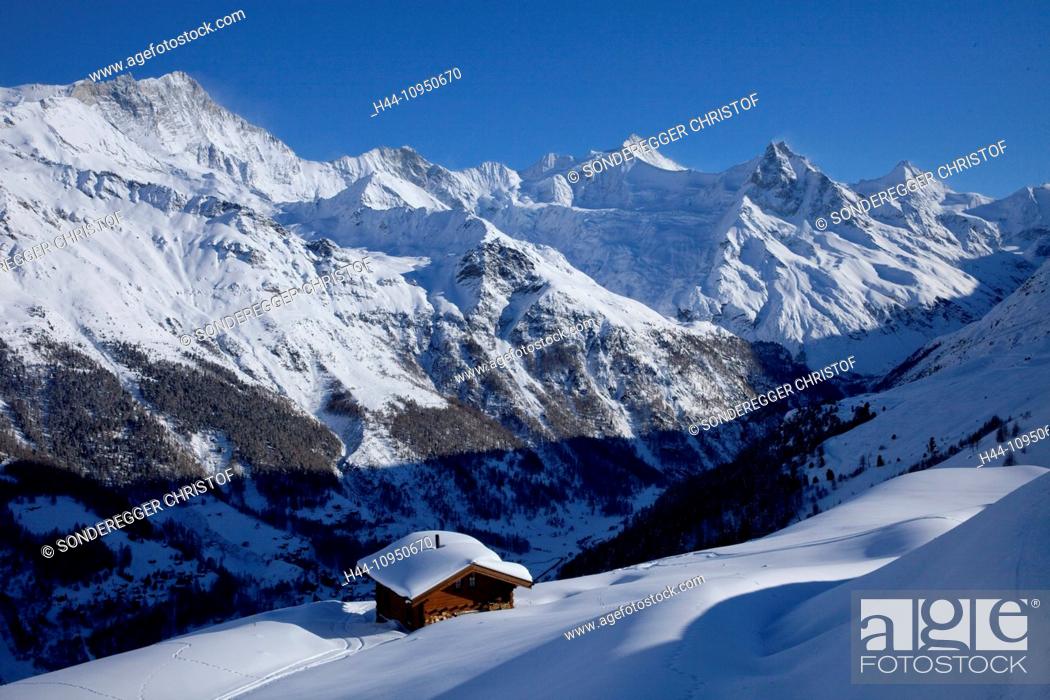 Stock Photo: Switzerland, Europe, winter, canton, Valais, Zinal, Val d'Anniviers, winter sports, mountain, mountains, Weisshorn, Zinalrothorn, Besso, Obergabelhorn, hut.