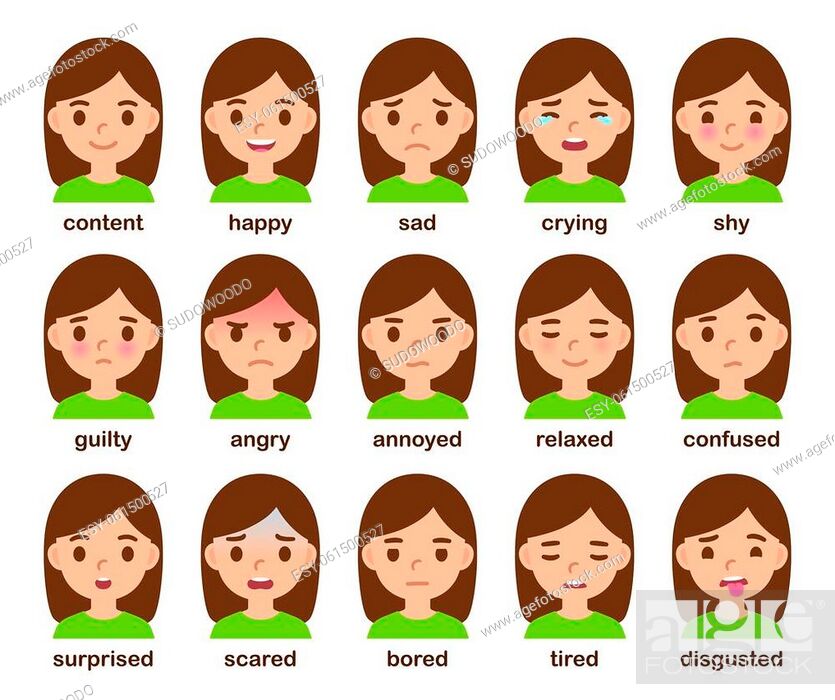 Cartoon girl face with different emotions. Facial expressions of feelings  and mental states, Stock Vector, Vector And Low Budget Royalty Free Image.  Pic. ESY-061500527 | agefotostock