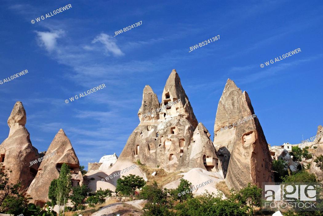 Stock Photo: historical cave architecture built into tuff formations, Turkey, Cappadocia, Uchisar.