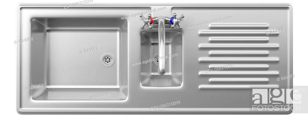 Stock Photo: Stainless steel kitchen sink and water tap isolated on white background, top view. 3d illustration.