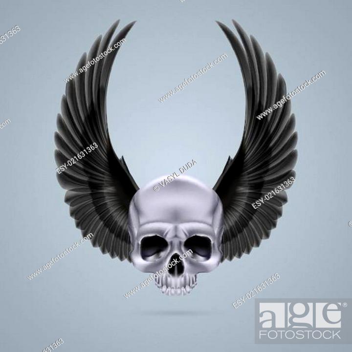 Stock Vector: Metal chrome skull with two wings up.