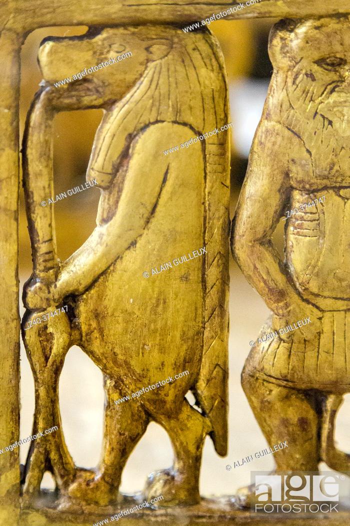 Stock Photo: Egypt, Cairo, Egyptian Museum, from the tomb of Yuya and Thuya in Luxor : Detail of a wooden chair, plastered and gilded, goddess Taouret as hippopotamus.