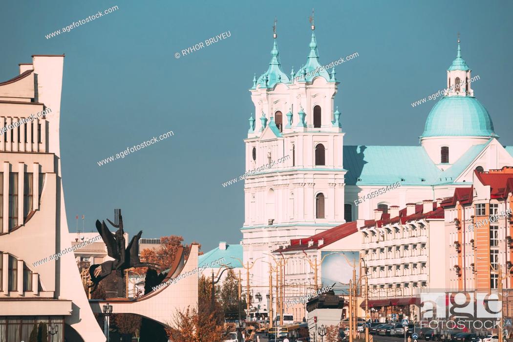 Stock Photo: Grodno, Belarus. Grodno Regional Drama Theatre And St. Francis Xavier Cathedral In Autumn Sunny Day.