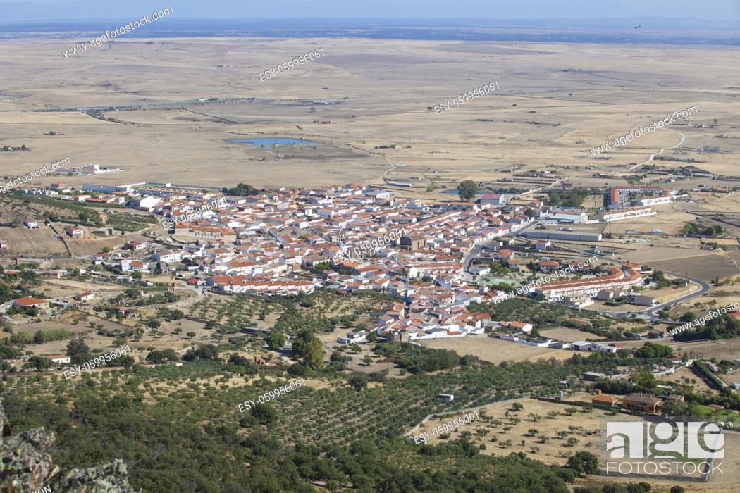 Stock Photo: Sierra de Fuentes village, aerial view. Caceres, Extremadura, Spain.
