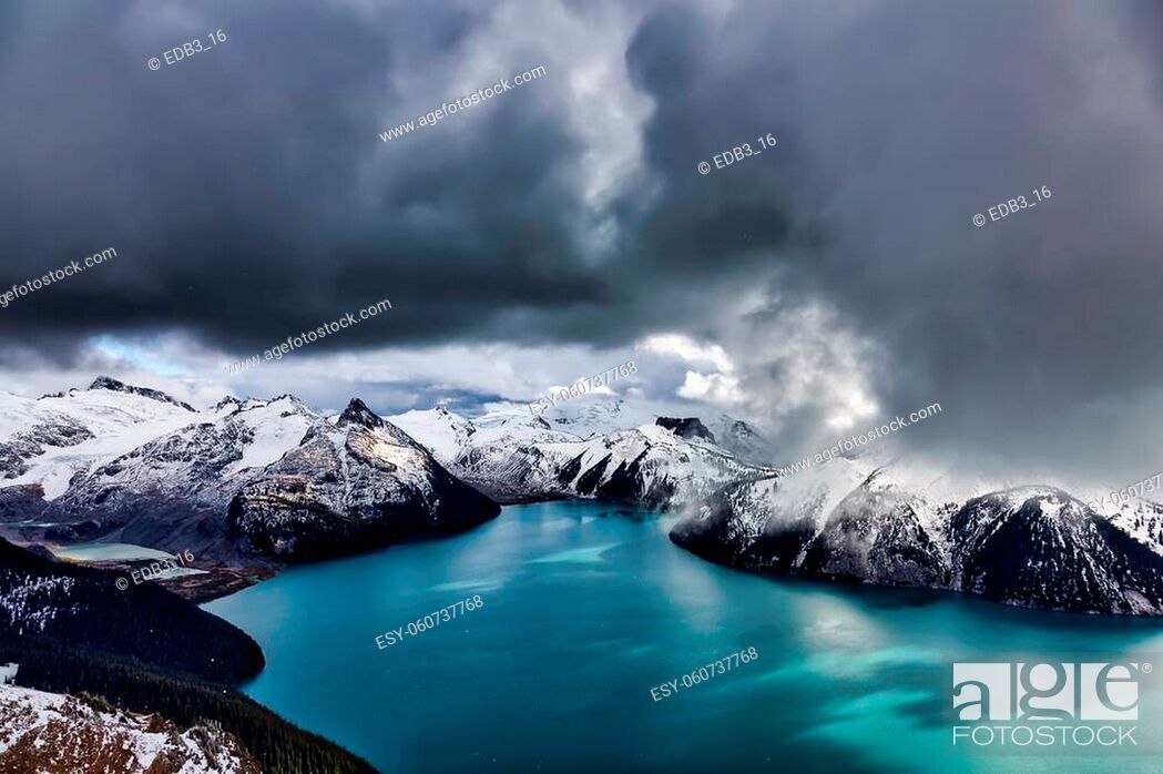 Stock Photo: Beautiful landscape view of Garibaldi Lake vibrant cloudy fall season day. Taken from top of Panorama Ridge, located near Whister and Squamish.
