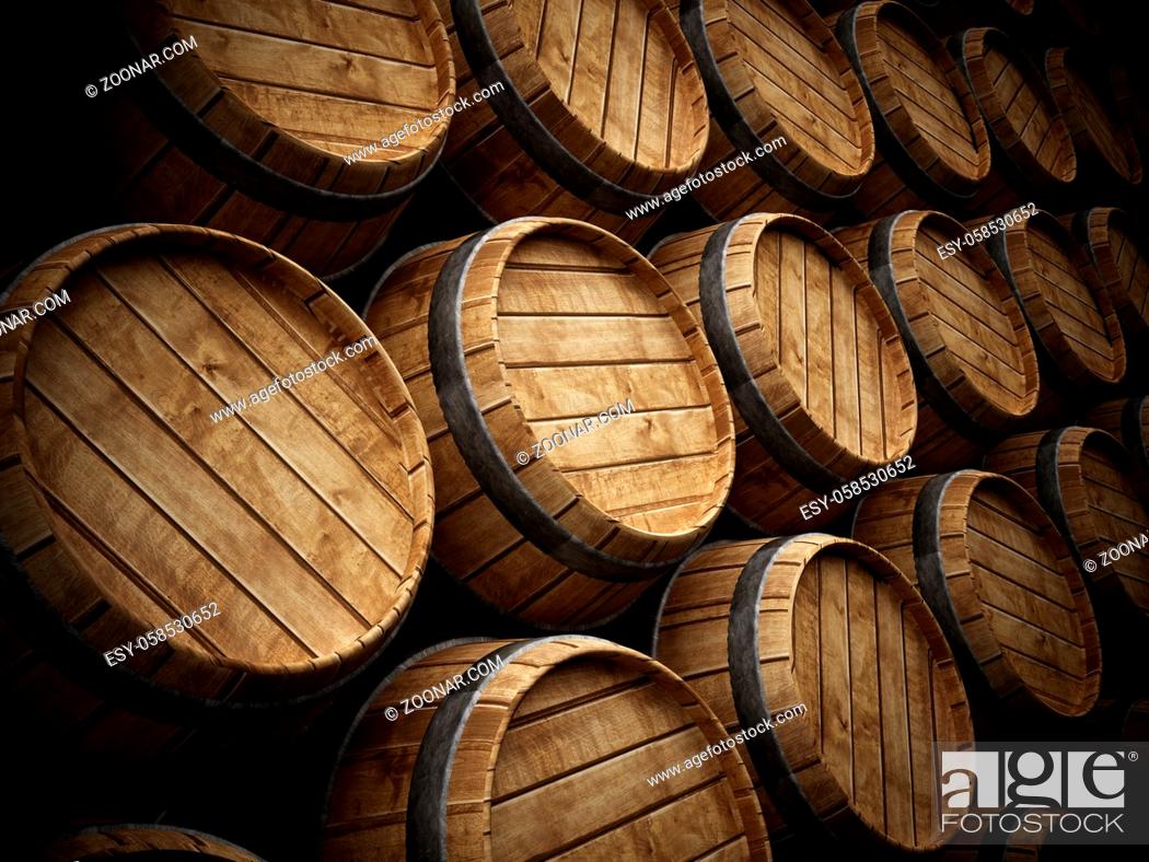 Stock Photo: Wine cellar with stack of wooden barrels.