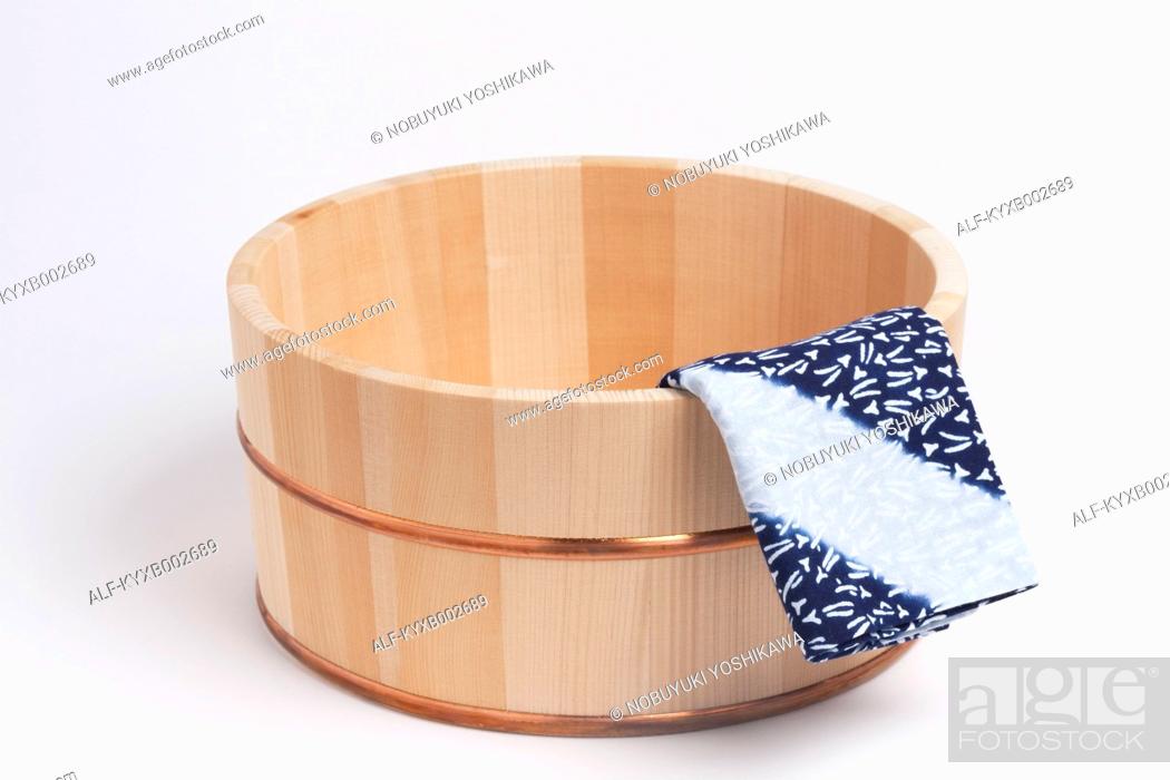 Stock Photo: Japanese style Onsen wooden water bowl.