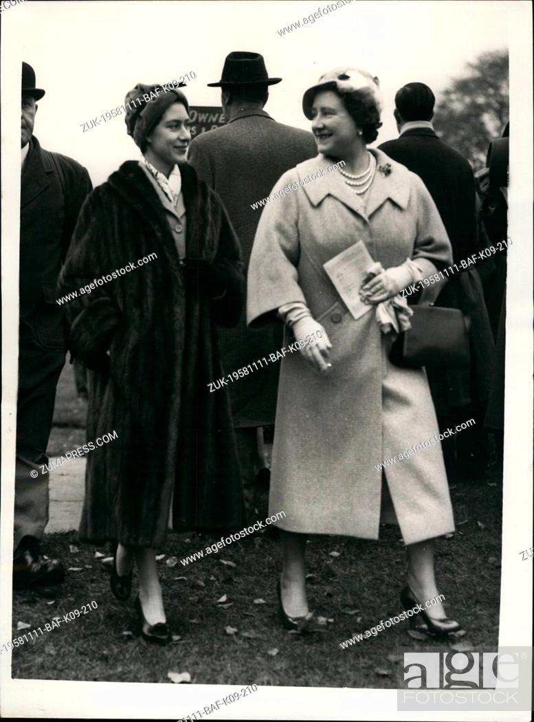 Stock Photo: Nov. 11, 1958 - Racing At Sandown Park: Princess Margaret And The Queen Mother. Photo Shows:- Queen Elizabeth the Queen Mother and Princess Margaret in the.