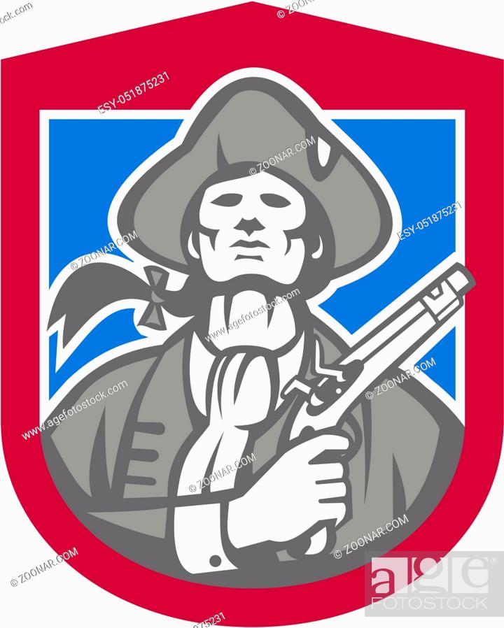 Stock Photo: Illustration of an American Patriot with flintlock pistol facing front set inside crest shield on isolated background done in retro style.