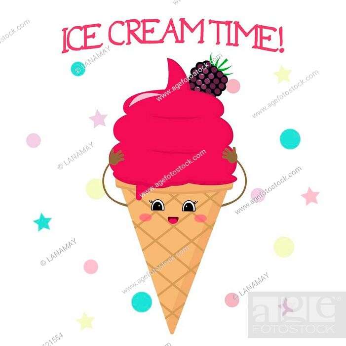 Cute smiley face ice cream in waffle cone, berry with blackberry in cartoon  style on background of..., Stock Vector, Vector And Low Budget Royalty Free  Image. Pic. ESY-058621554 | agefotostock