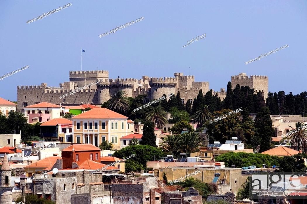 Stock Photo: View over old town with Palace of the Grandmaster, Clock Tower and Mosque of Suleyman, Rhodes Town, Rhodes, Greece, Since 1988 part of the UNESCO World Heritage.
