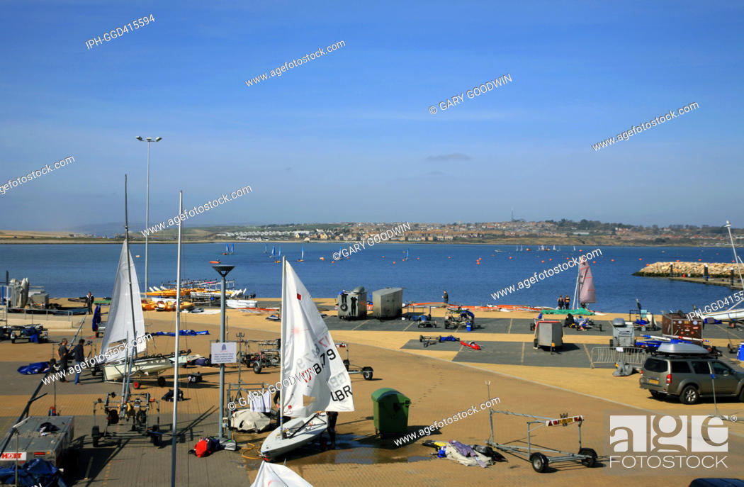 Stock Photo: Boat preparation area and slipways at the Weymouth & Portland Sailing Academy in Portland Harbour.