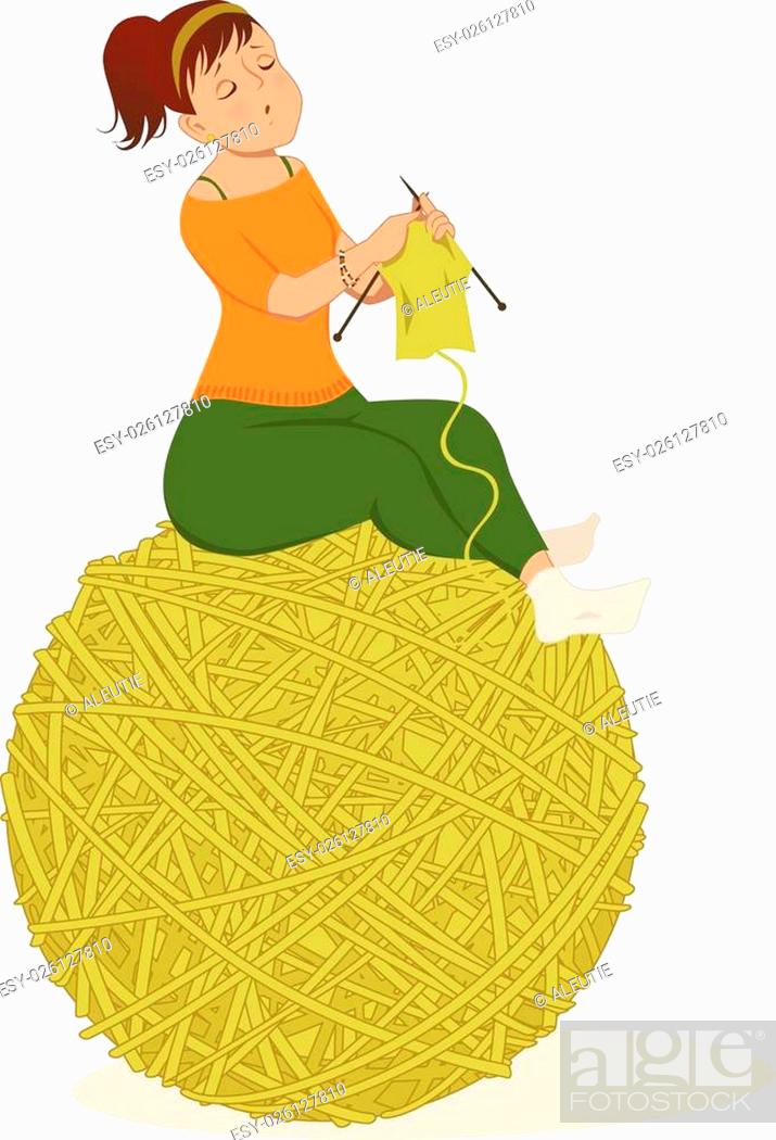 Cute cartoon woman knitting, sitting on a huge ball of yarn, vector  illustration, Stock Vector, Vector And Low Budget Royalty Free Image. Pic.  ESY-026127810 | agefotostock