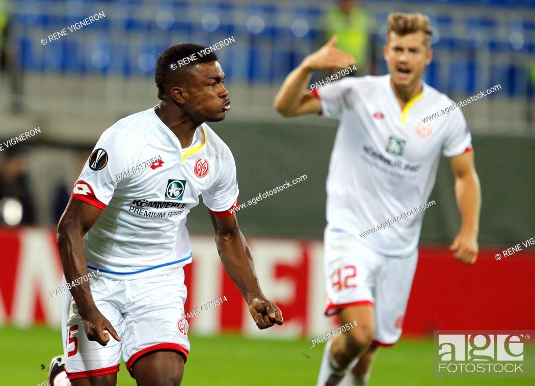 Stock Photo: Mainz's Jhon Cordoba (l) celebrates his goal at 2:2 during the Europa League gruop stage football match between Gabala FC and FSV Mainz 05 at the Bakcell Arena.