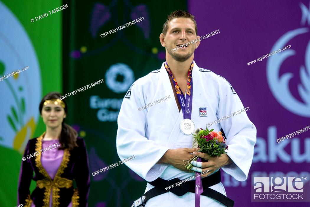 Stock Photo: Lukas Krpalek from Czech Republic celebrates silver medal from the Men's Judo under 100kg in Heydar Aliyev Arena at the Baku 2015 1st European Games in Baku.