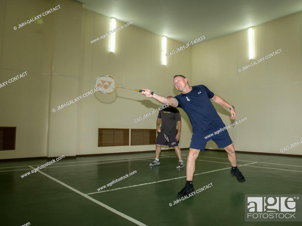 Stock Photo: At the Cosmonaut Hotel crew quarters in Baikonur, Kazakhstan, Expedition 41 Flight Engineer Barry Wilmore of NASA tries his hand at a game of badminton Sept.