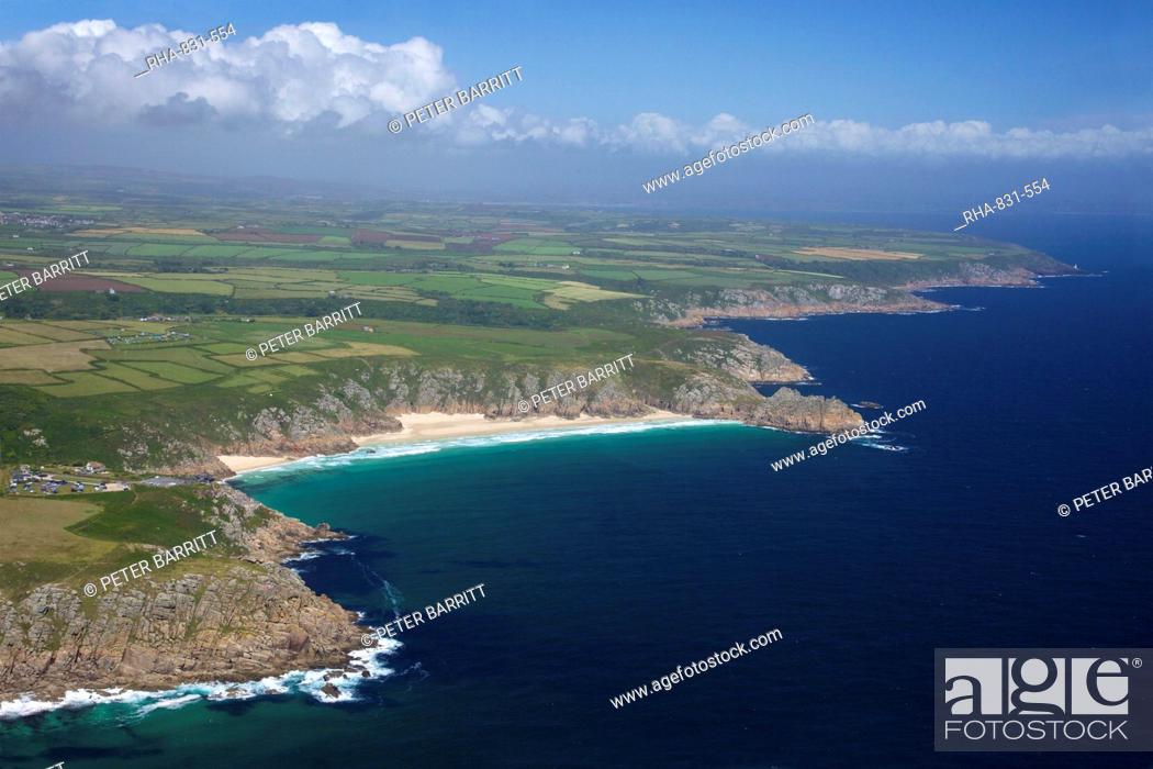 Stock Photo: Aerial photo of Lands End Peninsula looking east to the Minnack Theatre and Porthcurno beach, Treen Cliff, Logan Rock, West Penwith, Cornwall, England.