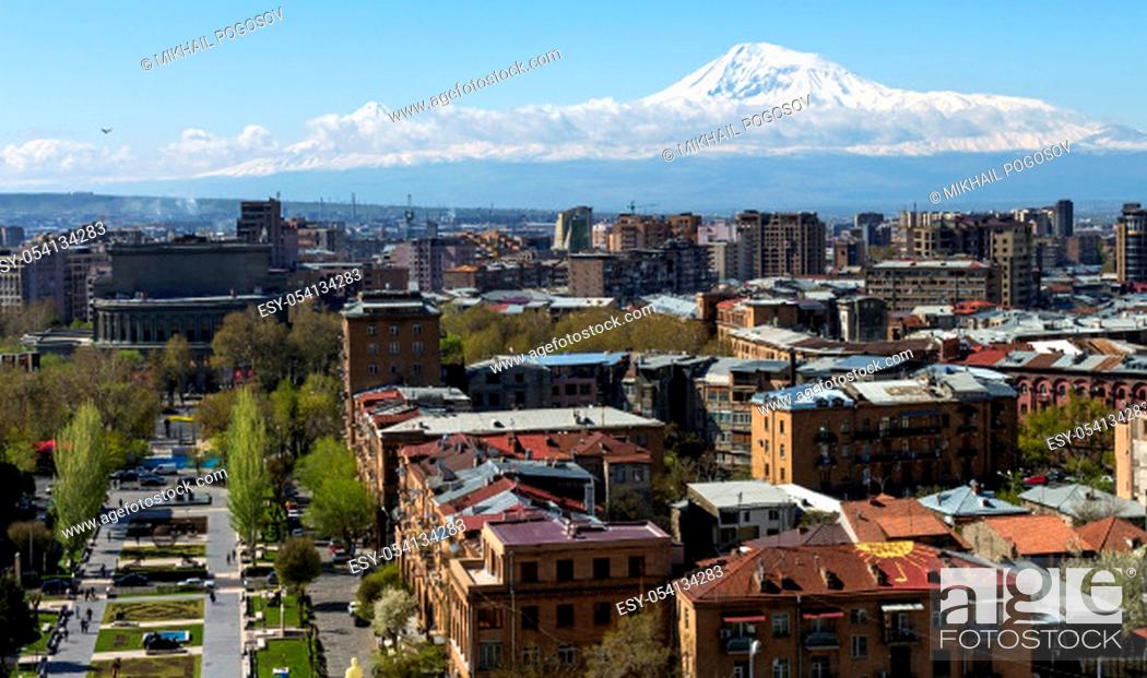 Stock Photo: YEREVAN, ARMENIA - APRIL 15, 2015:View of the majestic Mount Ararat from Yerevan, Armenia...legendary resting place of Noah's ark.
